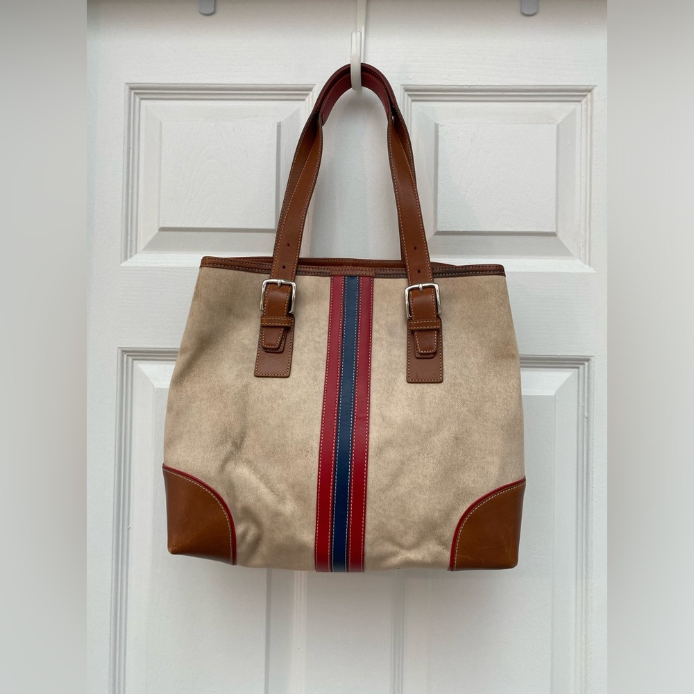 Coach Beige Tote with Red and Navy Varsity Stripe